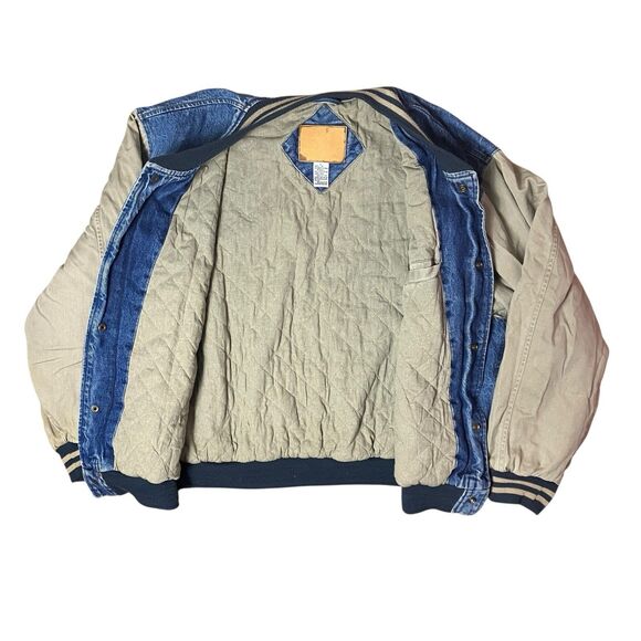 No Fear Varsity Jacket Mens L Denim Blue Beige Sleeve 90s Y2K Streetwear Retro - Picture 9 of 13